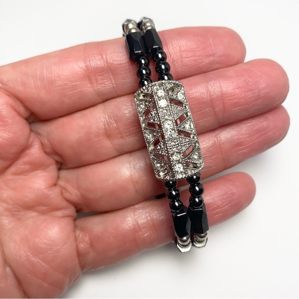 Art Deco Style Silver Tone Rhinestone Double Strand Magnetic Hematite‎ Bracelet